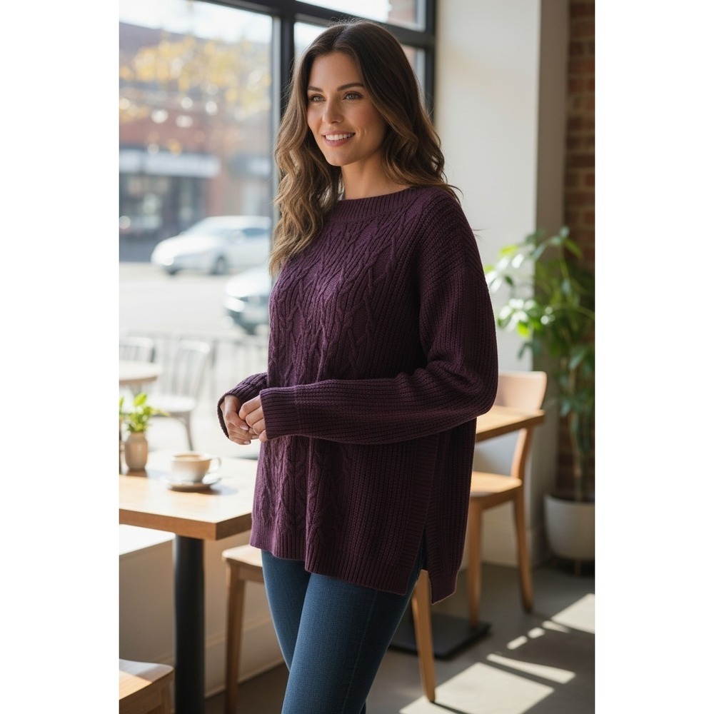 NWT Retail $99 Tommy Hilfiger Cable Knit Sweater Plum Timeless Preppy Classic L